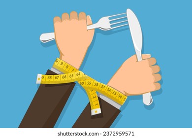 Hands with a fork and knife are tied with a measuring tape. Weight loss concept. Stock vector illustration