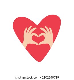 Hands in the form of heart . Fingers making a heart shape. Cute cartoon romantic hand drawn vector illustration, Could be used  for Valentine's Day card. Flat design  