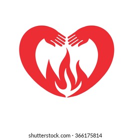 Hands in the form of a heart icon with a flame. Hands vector. Heart vector. Fire vector. Template for Valentine day.