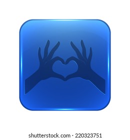 hands in the form of heart icon - glossy blue button