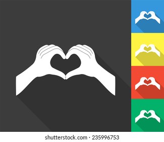 hands in the form of heart icon - gray and colored (blue, yellow, red, green) vector illustration with long shadow