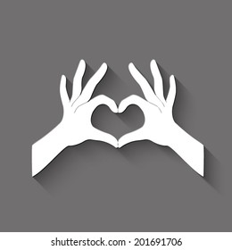 hands in the form of heart icon - white vector illustration with shadow on gray background