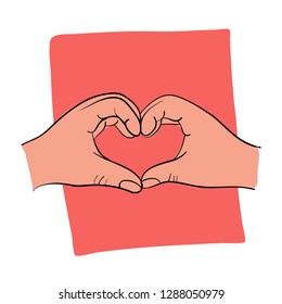 Hands in the form of heart isolated on white background. Outline hand drawn vector illustration. Happy Valentines Day.