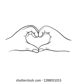 Hands in the form of heart isolated on white background. Outline hand drawn vector illustration. Care concept.