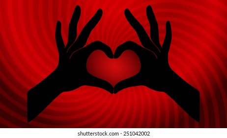 Hands in the form of the heart on red abstract background