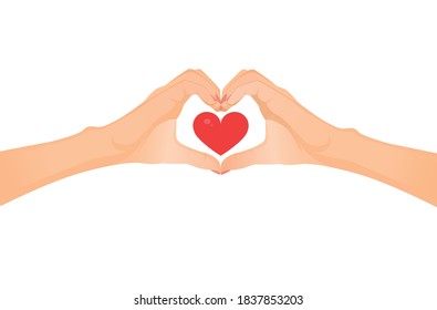 Hands in the form of a heart on a white background. Vector flat illustration for postcard, valentine, love, medicine, coronavirus.