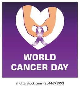 Hands form a heart shape and hold an awareness ribbon. Purple background. World Cancer Day concept. Flat vector illustration.