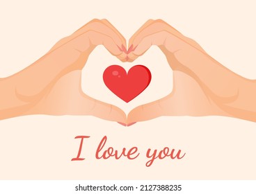 Hands form a heart sign. Greeting card for valentine's day and other holidays of hand heart gesture for postcard, textiles, decor, poster, banner, internet, social media. Vector illustration.