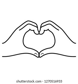 Hands in the form of heart. Symbol showing of feelings to other person. Declaration of love on Valentine Day. Vector flat outline icon illustration isolated on white background.