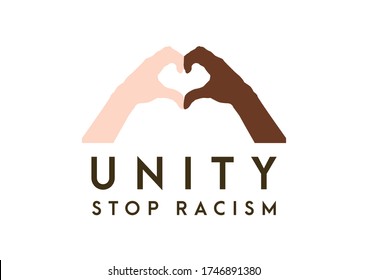 Manos en forma de corazón. Símbolo de unidad. Icono para detener el racismo. Afiche motivacional contra el racismo y la discriminación. dos manos de diferentes razas juntas. Ilustración vectorial