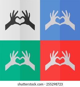 Hands in the form of heart vector icon. Effect of folded paper. Colored (red, blue, green) illustrations. Flat design