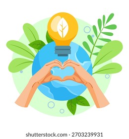 Mãos formando coração na frente da Terra com folhas e lâmpada no fundo branco. Conceito de energia verde e amor ambiental. Ilustração vetorial