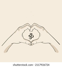 Hands forming a heart isolated, Om sign in the heart. Vector illustration