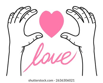 Mãos que formam o coração com a ilustração do vetor do texto do amor. Simbolizando amor e romance. Coração rosa e mão desenhado símbolo de amor