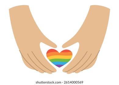 Hands Forming Heart Shape Around Rainbow Heart Isolated on White. LGBTQ+ Pride Symbol Celebrating Love, Inclusion, and Diversity. Colorful Vector Illustration for Pride Month and Equality Themes