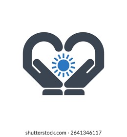 Hands forming a heart shape around a sun icon