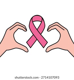 Mãos que formam a forma do coração em torno da fita rosa - símbolo de consciência do câncer de mama