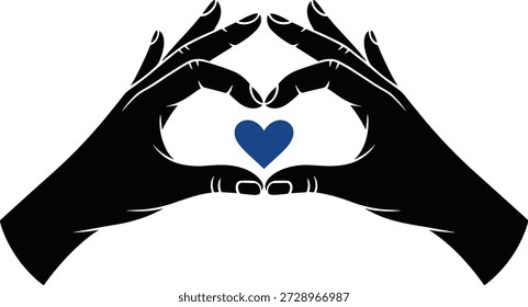 Hands forming heart shape around blue heart.