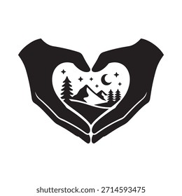 Hands forming a heart shape cradling a landscape with mountains and moon
