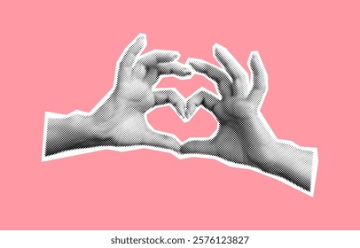 Hands forming heart shape with fingers halftone collage vector illustration. Conveying love affection and unity through body language on pink