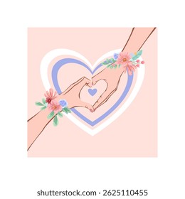Mãos formando forma de coração com flores, amor e amizade Ilustração de vetor