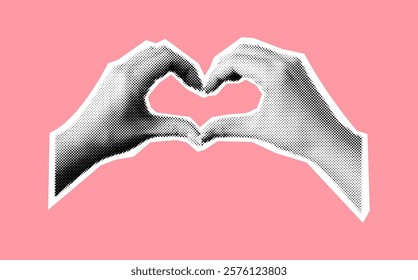 Hands forming heart shape gesture halftone collage vector illustration. Love affection and kindness expression in body language on pink background