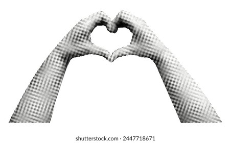 hands forming heart shape isolated on white background trendy y2k pop art style retro magazine vintage halftone dotted texture cutout collage element for mixed design