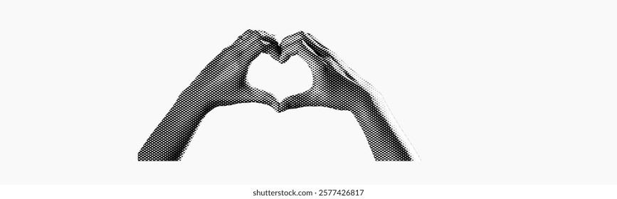 hands forming heart shape isolated on white background trendy y2k pop art style retro magazine vintage halftone dotted texture cutout collage element for mixed design