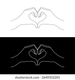 Mãos que formam forma de coração - Linha de Arte Duo em fundos brancos e pretos. Uma ilustração minimalista com duas versões de mãos formando uma forma de coração.