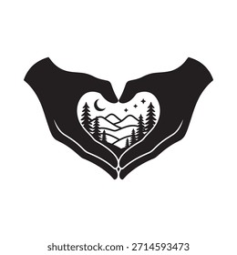 Hands forming a heart shape with a mountain landscape inside