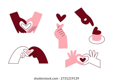 Hands forming a heart shape set. Love and interracial romantic relationships concept. Diverse valentines day and multicultural friendship. Modern minimal vector illustration.