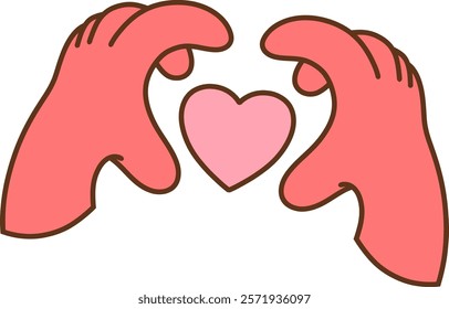 Hands forming heart shape with Valentine's pink doodle design
