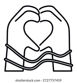 Hands forming a heart shape while tied with a rope, illustrating a concept of forced love