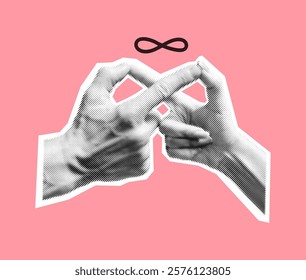 Hands forming infinity symbol with fingers halftone collage vector illustration. Symbol of eternal love and endless possibilities on pink