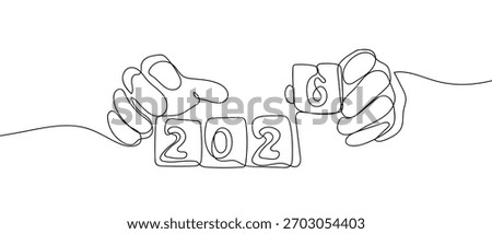 Hands are forming the numbers 2026 in one continuous line. Dynamic single line draw design vector illustration
