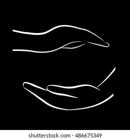 Hands forming rings. One hand up, the other - at the bottom. White outline on black background.