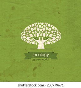 Hands forming a tree with leaves, helping nature, logo, icon, template, design vector illustration