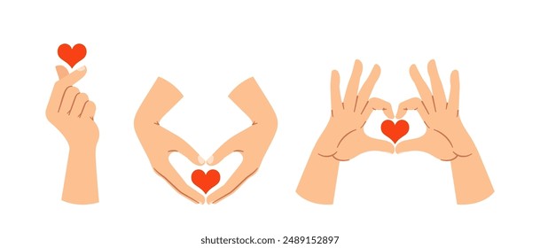 Hands Forming Various Heart Shapes With Hearts, Symbolizing Love And Affection. Vector Illustration For Valentines Day