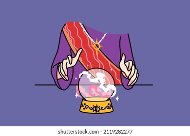 Las manos de adivino con bola de cristal le dicen el destino al cliente o cliente en el salón de magia. El mago o gitano leen el destino en una bola mágica de cristal. Concepto de predicción. Ilustración vectorial plana. 