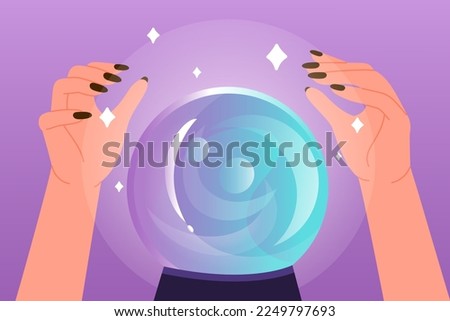 Hands of fortune teller with crystal ball vector illustration. Cartoon witch telling future, female magician sitting in front of magic glass orb to predict, mystic prediction of psychic oracle