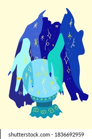 hands of a fortune teller holding them around a crystal ball for predictions. pale hands in the long sleeves of a blue robe, sharp nails on the hands. Golden stars and spangles rise from the ball