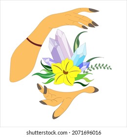 las manos del adivino, las brujas mágicamente sostienen cristales azules, con piedras y flor amarilla. Decoración con predicciones y manos curadoras. Ilustración del vector