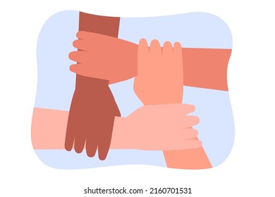 Hands of four friends holding wrists. People of different nationalities or cultures flat vector illustration. Friendship, diversity, teamwork, global communication concept for banner or landing page