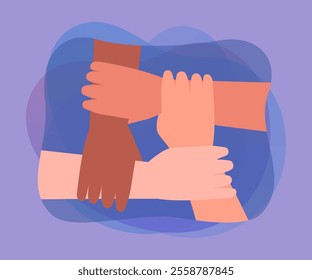 Hands of four friends holding wrists. People of different nationalities or cultures flat vector illustration. Friendship, diversity, teamwork, global communication concept for banner or landing page