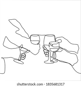 hands of four people who clink glasses. one line drawing concept celebration, toast, clinking glasses, drinking alcohol