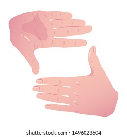 Hands Frame Cropping Gesture. Flat Framing hands horizontal cropping. Hands taking focus frame shooting like mobile camera. Vector Color concept Isolated on white background.