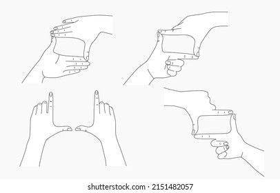 Hands in frame gesture. Editable stroke vector set. Two hands frame cropping gesture. Taking photo focus frame shooting like camera. Flat design.