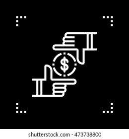 Hands framing coin line icon, outline vector logo illustration, linear pictogram isolated on black