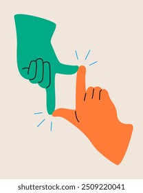 Hands framing comosition. Photo Frame Hands. Frame of fingers. Photo sign made by human hands. Colorful vector illustration
