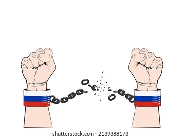 Hands Of Free People Smash Shackles With Russian Flag. Stop The War In Ukraine. Vector Illustration